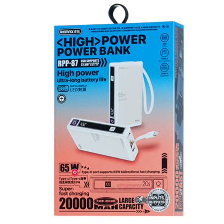 Power bank 20000mAh REMAX Wingle Series RPP-87 65W+22.5W Charge rapide câblée de type C avec poignée… — REMAX · Smarty Paris 18e